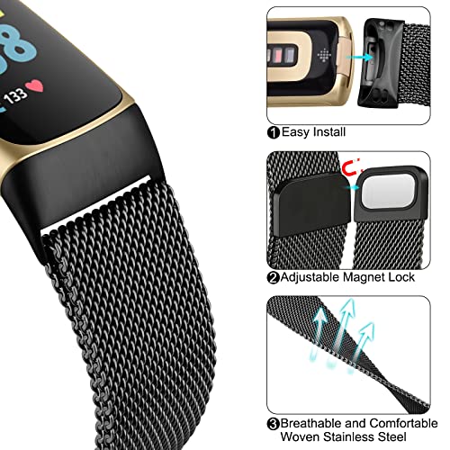 Black Metal Fitbit Charge 6 Band with Mesh Loop Magnetic Clasp - Women Men