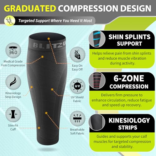 Calf Compression Sleeves for Running & Swelling Relief - Black Small-Medium - 3 Pairs