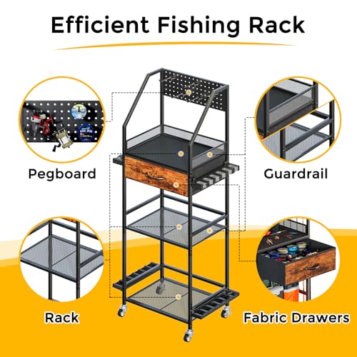 Single Row Fishing Rod Holder Organizer with Fabric Drawer & Pegboard - Modern Design