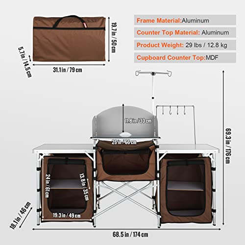 Camping Kitchen Table with Storage & Windscreen - Brown & 3 Cupboards