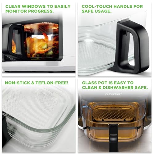 NutriChef 5.8 Qt White Air Fryer with 8 Cooking Presets & Glass Bowl