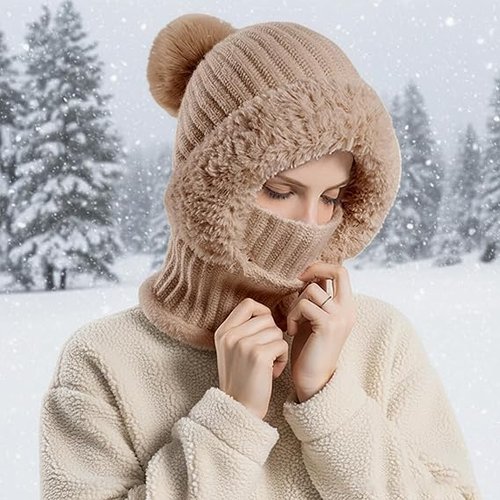 3 in 1 Beanie Hat with Scarf and Mask,Autumn and Winter Knitted Hat for Women (Grey)