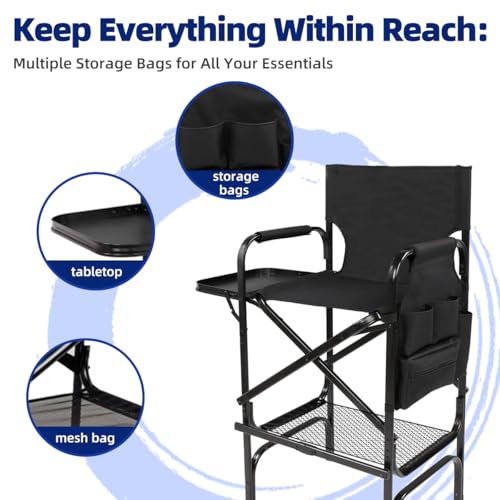 Zenicham 44.9 Inch Tall Folding Makeup Chair with Storage Bag, Black