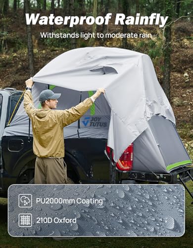 JOYTUTUS 5-5.2 Ft Gray Green Pickup Truck Tent Waterproof Double Layer for 2 Person, Aluminum Poles