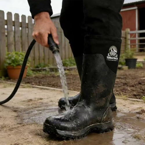 Men's Waterproof Rubber Mud Boots Black 10 TerraTrax Farm Work Concrete