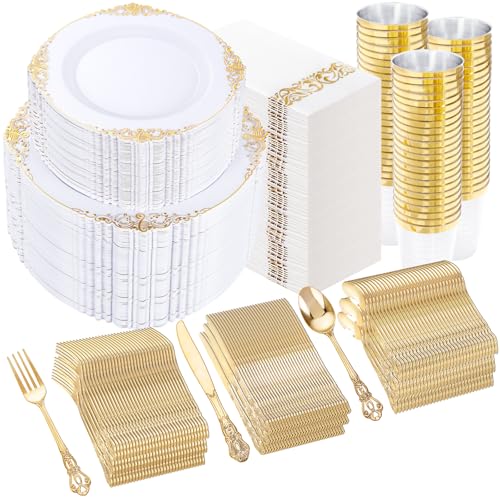 Gold Plastic Dinnerware Set for Weddings and Parties - 700PCS