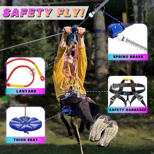 105 Ft Kids & Adult Zipline Kit with Safety Harness, Stainless Steel Spring Brake, Tree Protectors