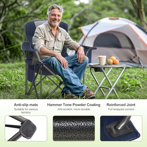 LET'S CAMP Oversized Heavy Duty Padded Folding Camping Chair Navy Blue Twin Pack