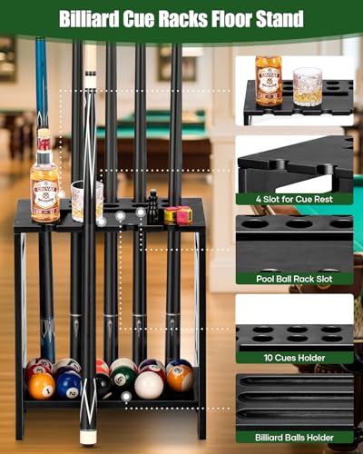 Pool Cue Holder Floor Stand Solid Wood Black - Holds 10 Cues & Accessories