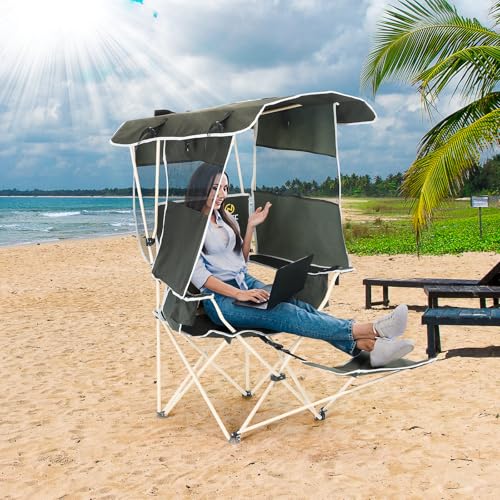 Green Canopy Camping Chair with Footrest - 2 Pack Adjustable & Portable