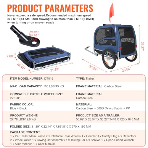 VEVOR Blue Dog Bike Trailer Supports 100 lbs Pet Bicycle Carrier Folding Frame