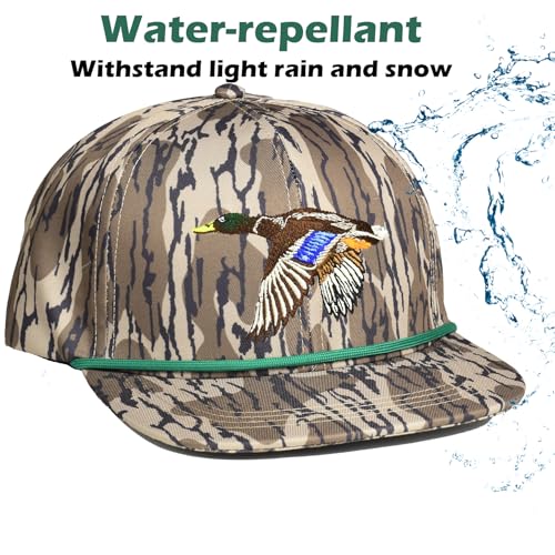 Outdoor Performance Snapback Hat with Flat Brim and Animal Embroidery - Flying Duck, Rope Bottomland Camo