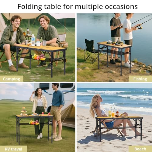 Foldable Camping Table 3ft with Storage Net & Bag - Light Oak Grain
