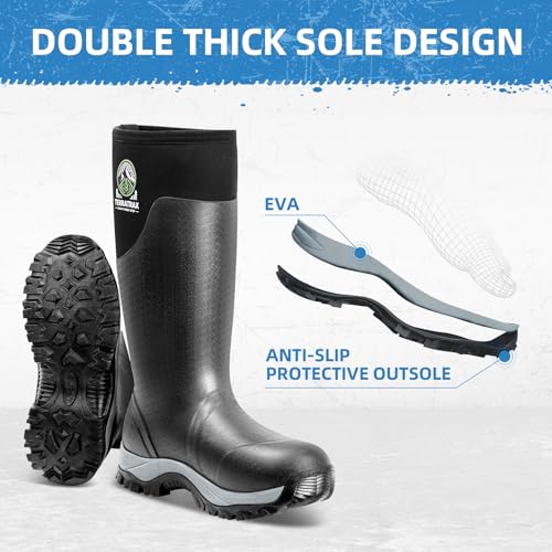 Men's Waterproof Rubber Mud Boots Black 10 TerraTrax Farm Work Concrete