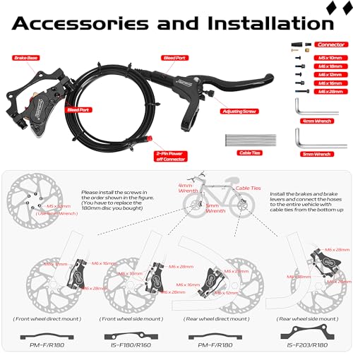 DYISLAND Hydraulic Disc Brake Set for E-Bike 4-Pistons/2-Pistons, 2-PIN/3-PIN, Front 1100mm / Rear 1900mm, Black