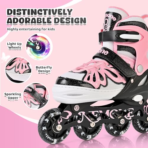 Girls Adjustable Light Up Inline Skates with Flashing Wheels - Midnight Butterfly, Medium