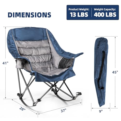 Blue & Gray Oversized Rocking Camping Chair 400lb Capacity with Cup Holder