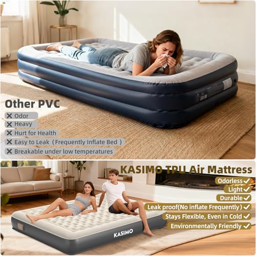 KASIMO Queen Air Mattress with Wireless Battery Pump, 75x59x8.7 Inch, Eco TPU