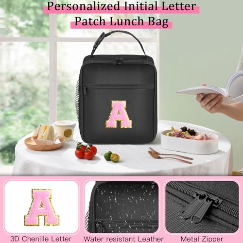 SANBADA Personalized Pink Insulated Lunch Bag with Letter A Patch for Teens & Adults