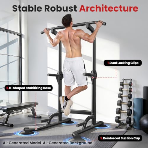 Black Free Standing Pull Up Bar with Dip Station & Adjustable Height - Heavy Duty Fitness Equipment
