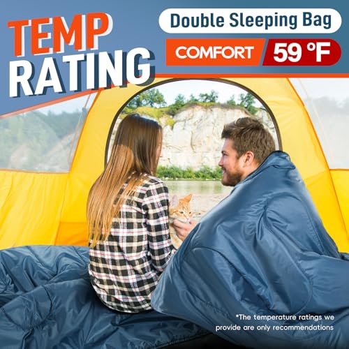 MEREZA Double Sleeping Bag for Adults XL Queen Size with Pillow, All-Season Camping & Hiking, Blue & Gray