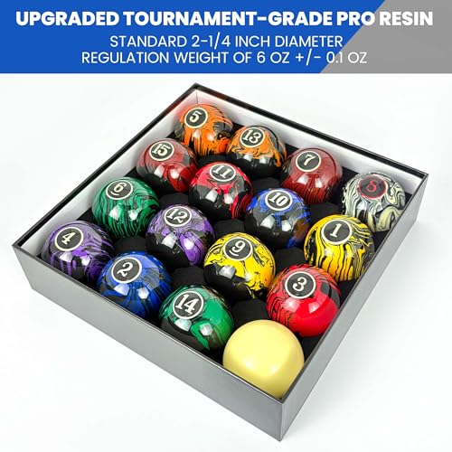 JOLORLY AAA-Grade Pool Balls Set - 16 Regulation Size Billiard Balls with Dark Marble Swirl Finish