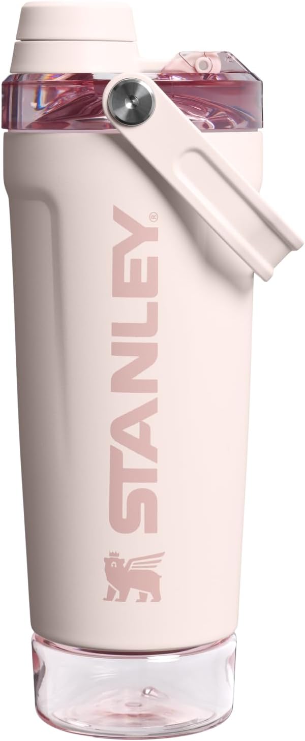 STANLEY Vitalize Shaker Bottle 20 oz - Leakproof Insulated Stainless Steel | Fast Flow Lid & Base Storage | BPA-Free Rose Quartz