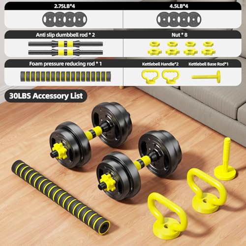 Yellow 30lb Adjustable Dumbbell Set 4-in-1 Home Gym Fitness Equipment