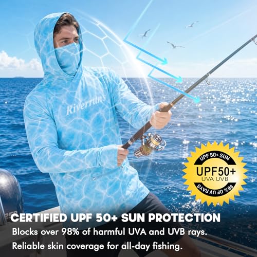 Riverruns UPF 50+ Fishing Hoodie with Neck Gaiter & Thumbholes - Large / Water Ripple Camoblue