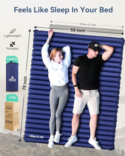 Hikenture Double Inflatable Camping Mattress Navy Pumpsack 79x55in - Ultralight 4" Thick Sleeping Pad for 2 Persons