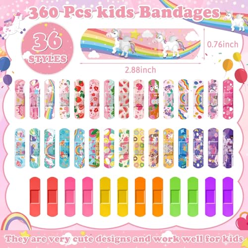 Sweet & Cute Kids Cartoon Bandages 360 Pcs - Mermaid & Rainbow Styles Waterproof & Flexible | Girl & Boy First Aid
