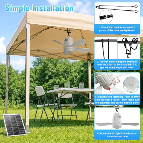 Lumtide 20'' Solar Ceiling Fan with 20000mAh Battery & Dimmable Light, Portable Outdoor Fan with Remote for Gazebo, Tent, RV