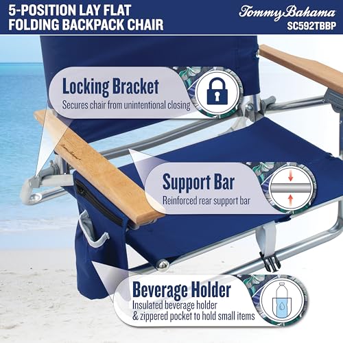 Navy 5-Position Lay Flat Folding Backpack Beach Chair with Cooler & Towel Bar - Tommy Bahama