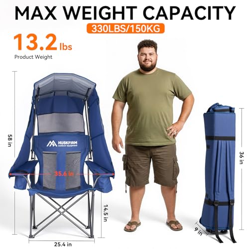 Huskfirm Camping Chair with Canopy Shade - Blue, UPF 50+ Sun Protection
