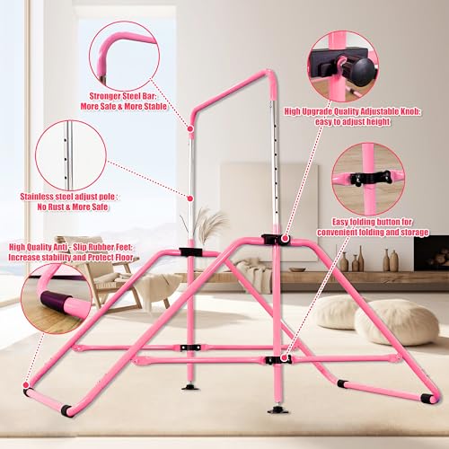 Foldable Gymnastic Bar for Kids 3-12, Adjustable Kip Bar with Mat, Pink Variation