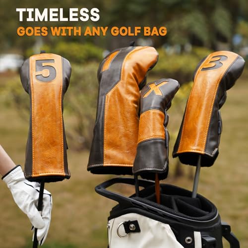 Golf Headcovers Set of 4 - Gray & Brown Classic Club Covers with Numbers 1 3 5 X - Premium Protection & Secure Fit
