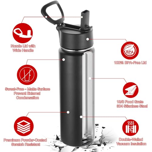 8-Pack Insulated Water Bottles 24oz with Straw Lid - Black
