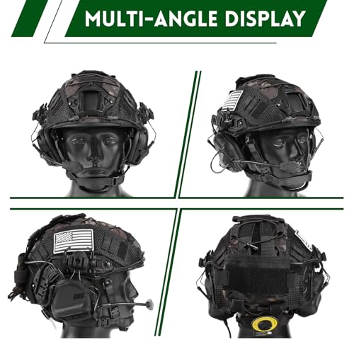 Black Tactical Helmet with Headset & Cover - 4-in-1 Adjustable Airsoft & Military Gear
