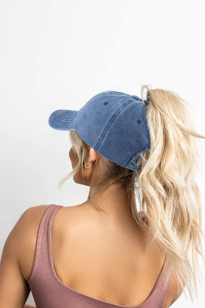Distressed Ponytail Hat for Women – American Flag High Bun, One Size Navy