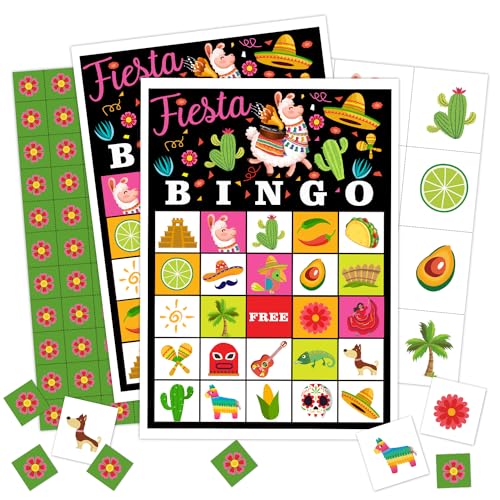 Fiesta Party Bingo Cards Set - 24 Player Mexican Llama Party Game for Family & Adults - Variation of THIS Listing 01