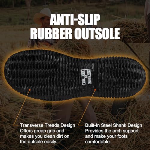Hunthor Men's Rubber Work Boots with Steel Shank Black - 6mm Neoprene Insulated Waterproof Rain Boots for Hunting Gardening Farming Fishing - Mid Calf