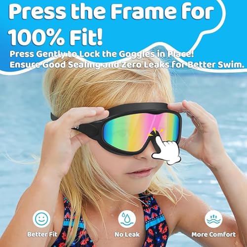 Kids Swim Goggles with Earplugs & Nose Clip - Wide View, Black 01