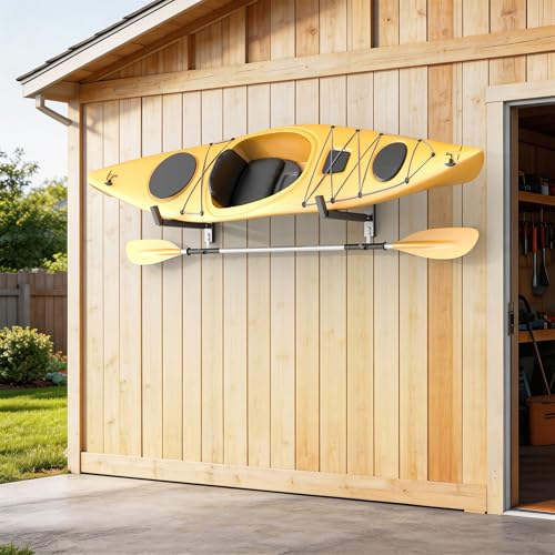 Wall-Mounted Kayak Rack for 1 Kayak - Heavy-Duty Garage Storage with Paddle Hooks