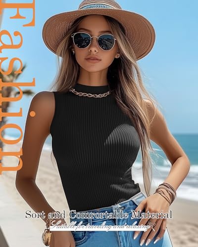 Women's Sleeveless Turtleneck Tops - 3 Pack Medium Black Dark Brown Pumpkin