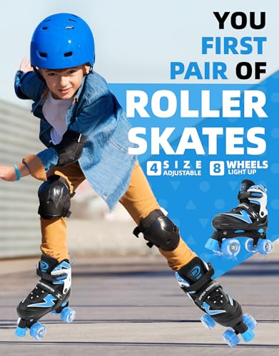 Super Youngster Adjustable Kids Roller Skates Blue Medium-Big 13J-3 US with Light-Up Wheels