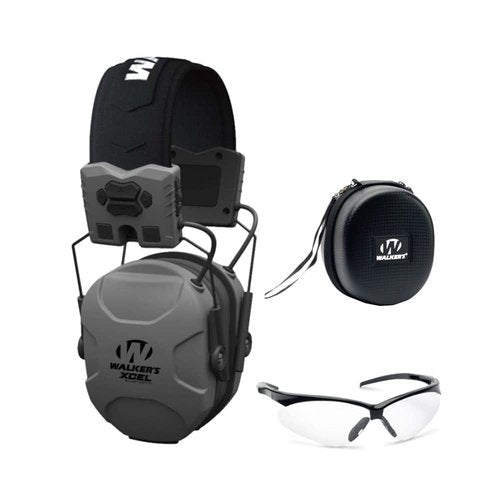 Walkers XCEL 500BT Digital Electronic Muff with Voice Clarity and Bluetooth, Sport Shooting Glasses and Hearing Protection Case Bundle (3 Items)