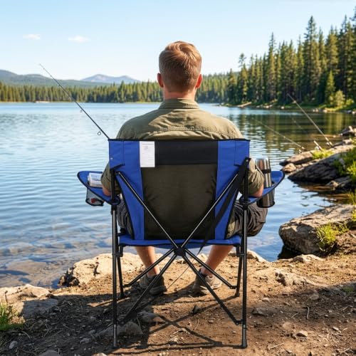 Romswi Large Blue Foldable Camping Chair with Mesh Back & 2 Cup Holders - Outdoor & Portable 2-Pack