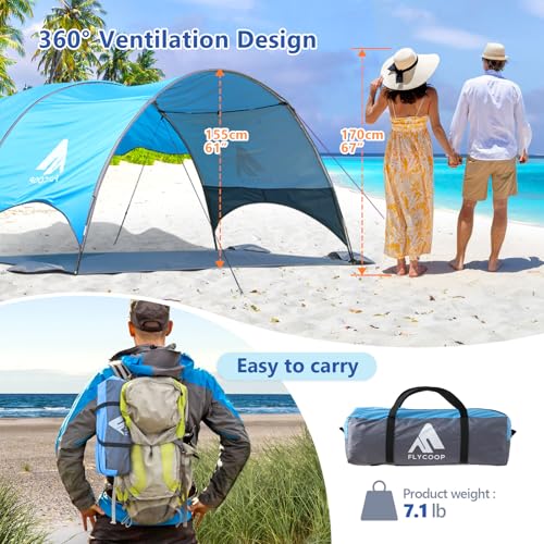 Flycoop 2026 Blue Beach Canopy Tent with Shade Sail - UPF 50+ Sun Shelter, 106x65x61 in, Portable Outdoor Shade for Family & Beach Trips