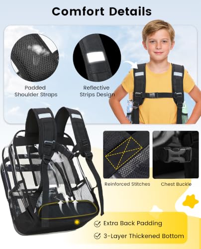 Large Transparent Backpack for Girls & Boys - Clear Bookbag with 10 Pockets, Black