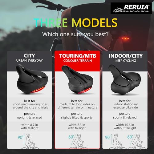 Touring Bike Seat with LED Tail Light - Wide Shock Absorbing Memory Foam Cushion